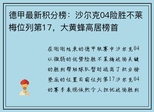 德甲最新积分榜：沙尔克04险胜不莱梅位列第17，大黄蜂高居榜首