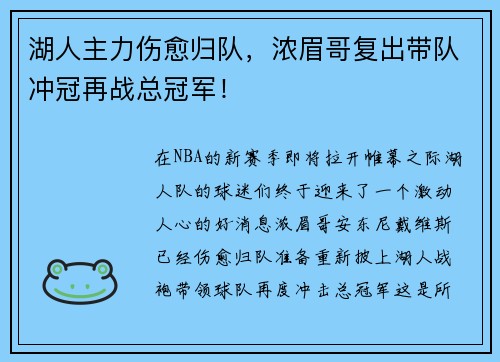 湖人主力伤愈归队，浓眉哥复出带队冲冠再战总冠军！