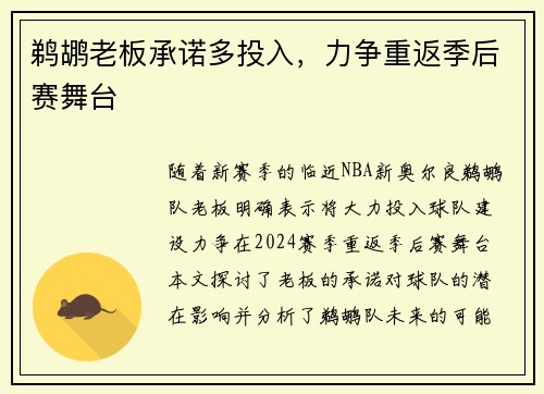 鹈鹕老板承诺多投入，力争重返季后赛舞台